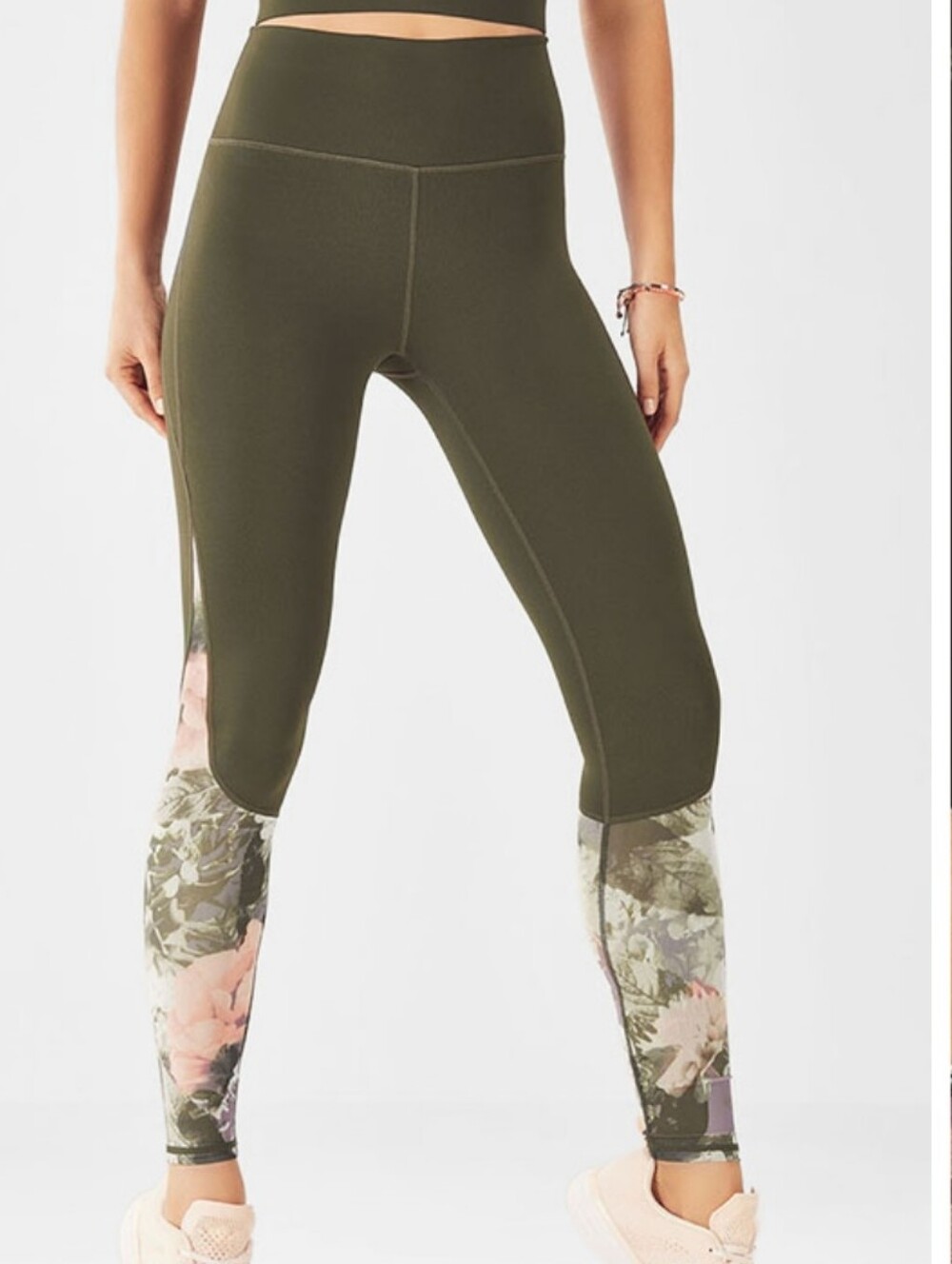 Fabletics Women’s M Dark Olive Floral Ankle High Rise Leggings Stretch